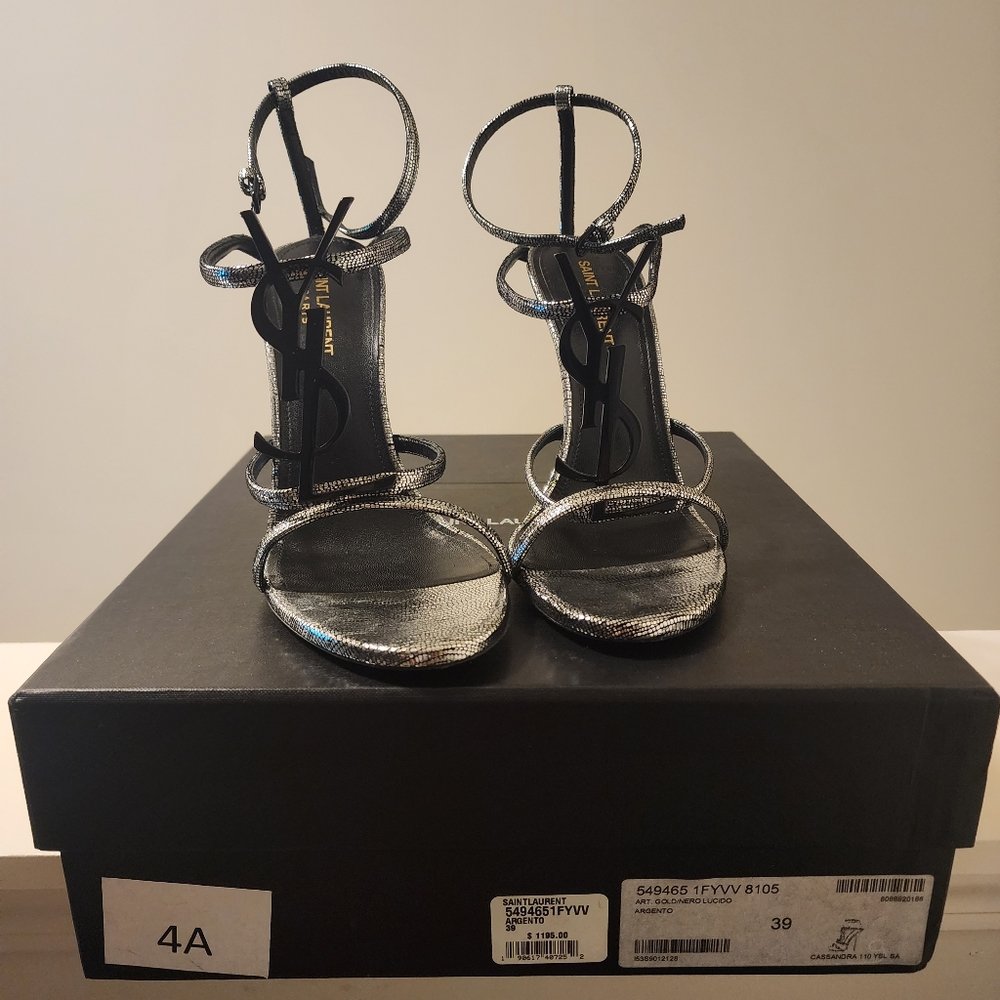 Saint Laurent Cassandra Heels In Metallic Silver Cracked Metal Leather Size 39